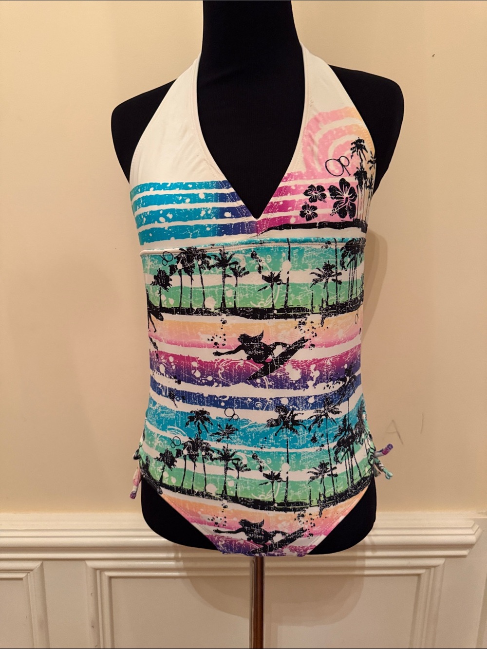 Halter One-Piece Swimsuit in Pastel Stripe Print Size XL (14-16)